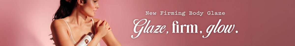Firm and Restore category banner: a woman in cream underwear with cream smoothed over her hip holds a frank body Firming Body Cream jar. Text reads: Firm + Restore. Help skin rebound from marks, stretches and loss of firmness.