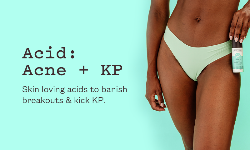 Acid banner: a woman in mint green underwear on a mint background holds a frank body bottle against her hip. Text reads: Skin loving acids to banish breakouts.