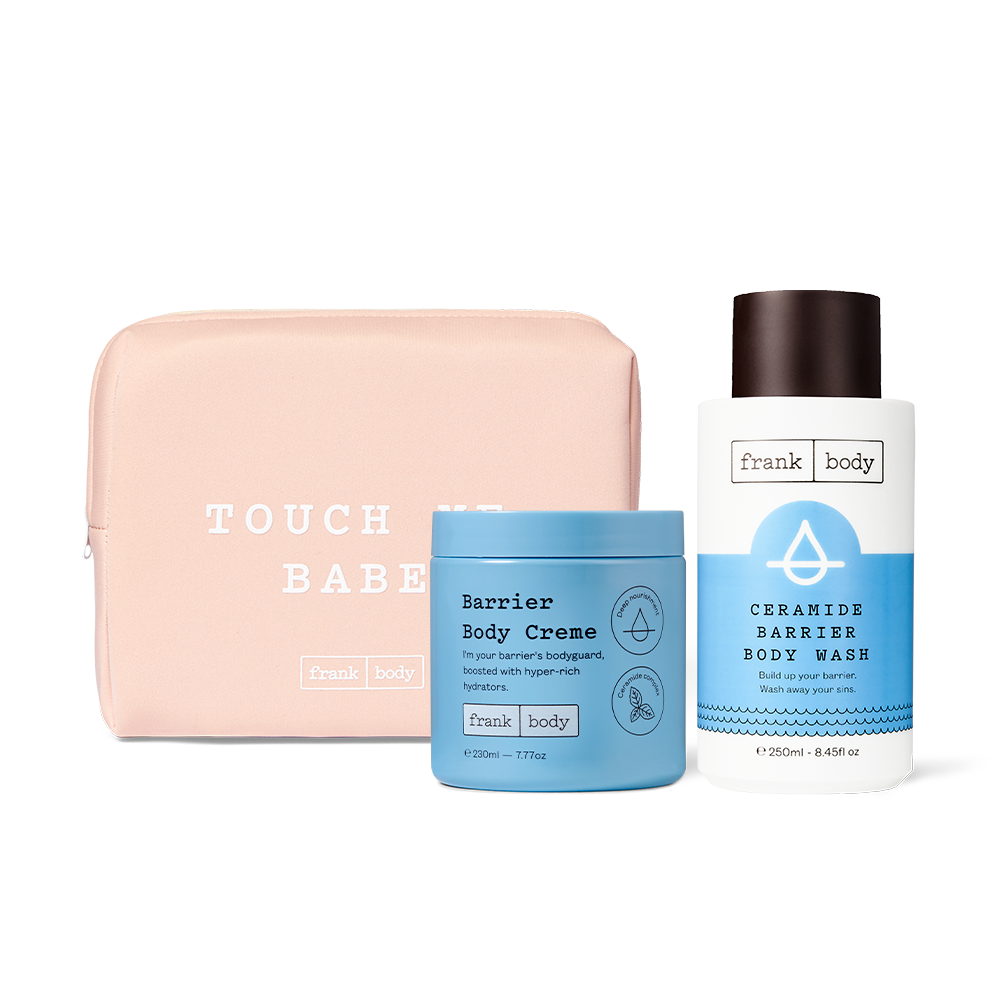 The frank body Barrier Bodyguards Kit: Barrier Body Creme and Ceramide Barrier Body Wash with a pink Touch Me Babe pouch.