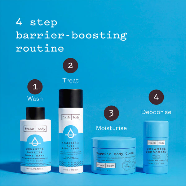 The frank body four step barrier-boosting routine on a blue background: 1 Wash with Ceramide Barrier Body Wash, 2 Treat with Hyaluronic Acid Body Serum, 3 Moisturise with Barrier Body Creme, 4 Deodorise with Ceramide Deodorant.