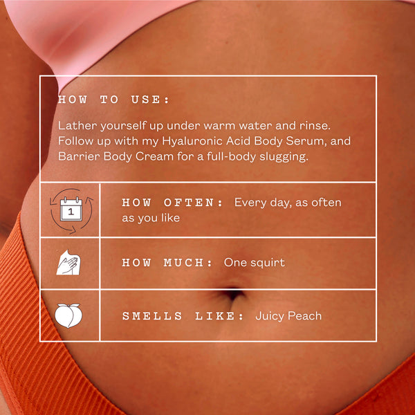 A woman in a coral top and pink underwear. Text reads: How to use. Lather yourself up under warm water and rinse. Follow up with my Hyaluronic Acid Body Serum, and Barrier Body Cream for a full-body slugging. How often: every day, as often as you like. How much: one squirt. Smells like: juicy peach.