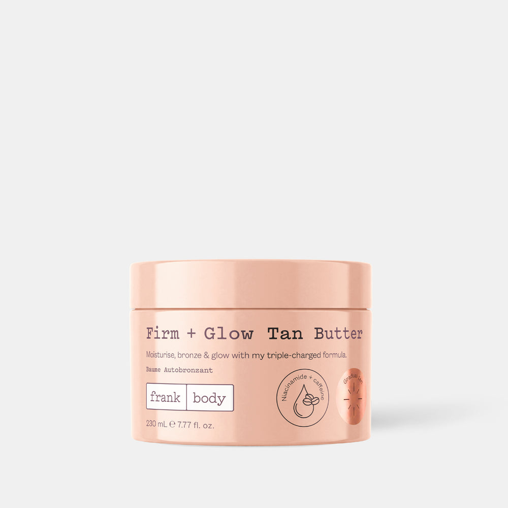 A peach jar of frank body Firm + Glow Tan Butter, 230ml.