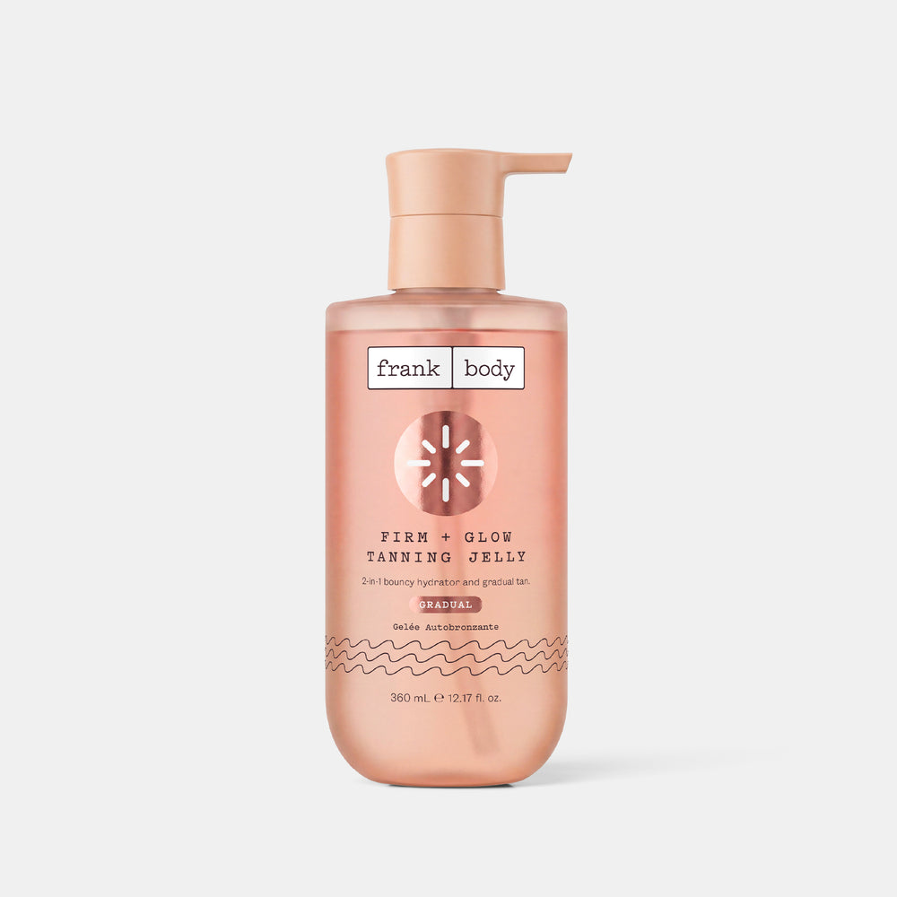 A pump bottle of frank body Firm + Glow Tanning Jelly, 360ml.