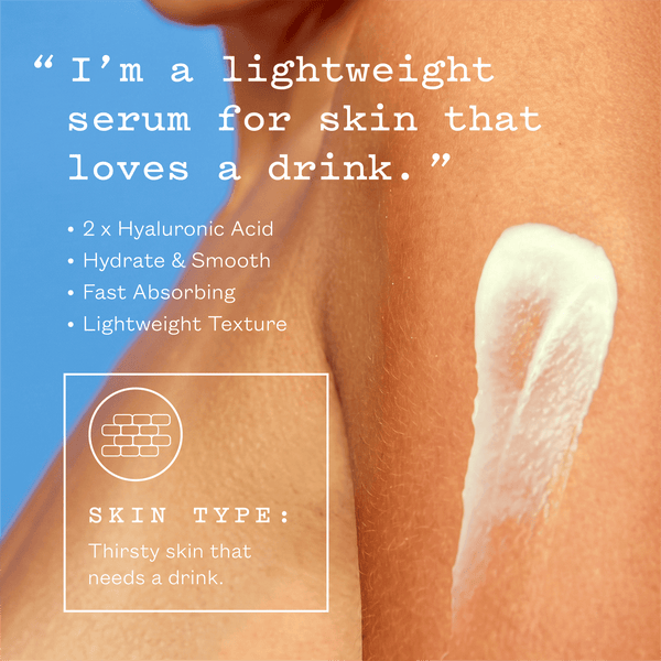 A swatch of frank body Hyaluronic Acid Body Serum on skin. Text reads: I'm a lightweight serum for skin that loves a drink. 2 x Hyaluronic Acid. Hydrate & smooth. Fast absorbing. Lightweight texture. Skin type: thirsty skin that needs a drink.