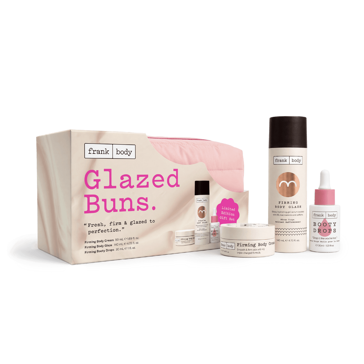 frank body Glazed Buns gift set with Firming Body Cream, Firming Body Glaze, Booty Drops and a pink pouch.