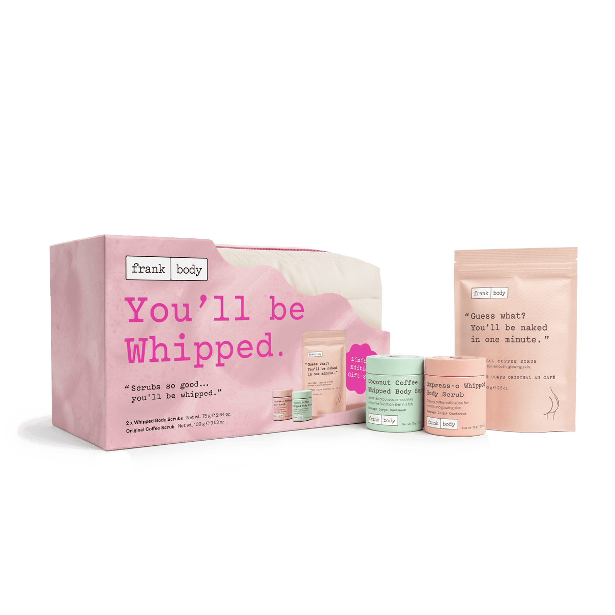 frank body You'll Be Whipped gift set with two whipped body scrubs, Original Coffee Scrub and a pink pouch.