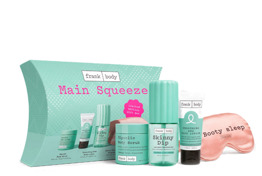 frank body Main Squeeze Kit with Glycolic Body Scrub, Smoothing AHA Body Lotion, Skinny Dip Mist and an eye mask