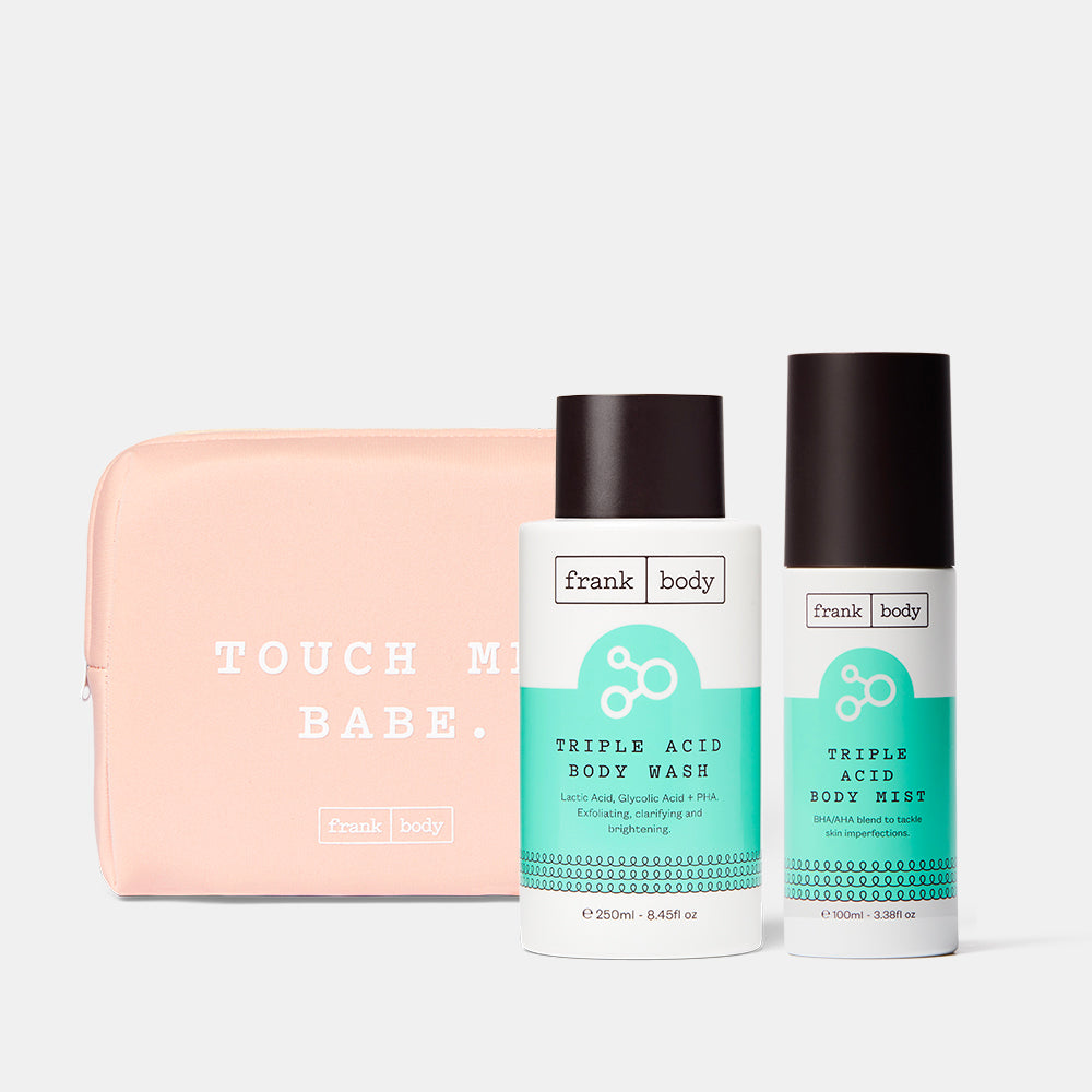 The frank body Triple Acid Body Duo: Triple Acid Body Wash and Triple Acid Body Mist with a pink Touch Me Babe pouch.